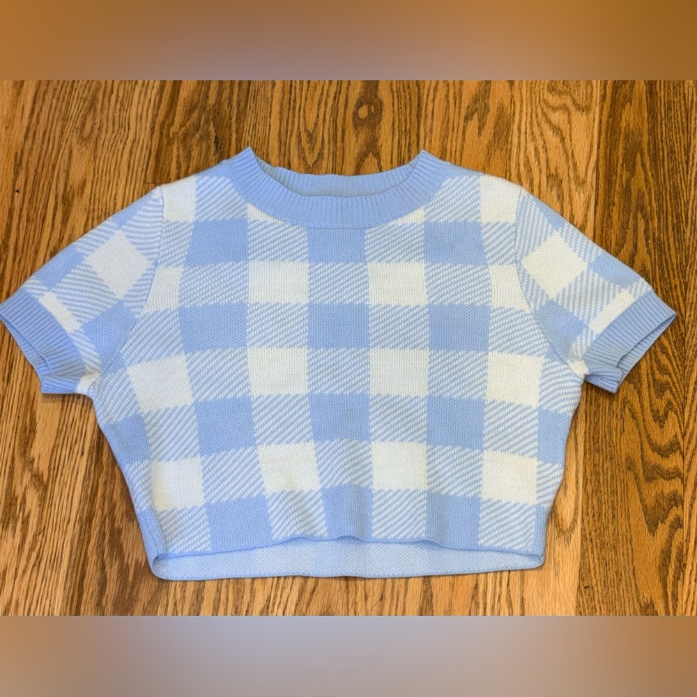 H&M Divided Blue & White Gingham Checkered Knit Crop Top - S